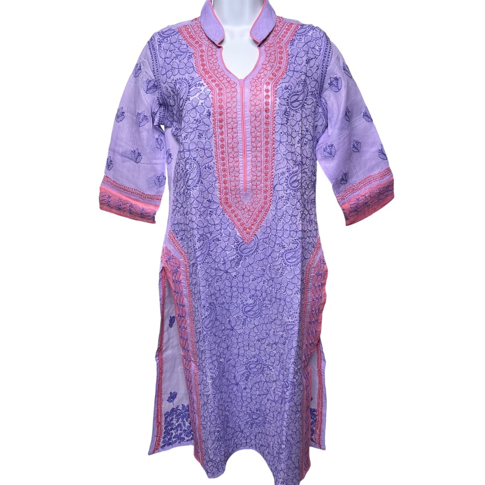 Purple Hand Embroidered Kurta Tunic Sz 42/L Chikankari Boho Artisanal Chic Artsy
